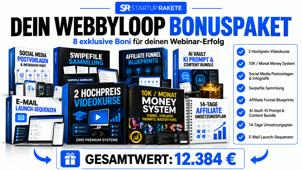 Webbyloop Erfahrungen: Bonuspaket mit 8 Boni im Gesamtwert von 12.384 Euro